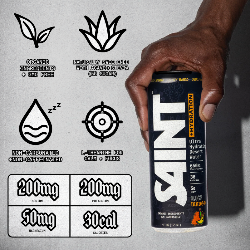 A hand holds a can of SAINT Hydration Drink against a light gray background with product feature icons and nutrition callouts. The can is dark navy/black with large white SAINT lettering and orange/yellow accents.