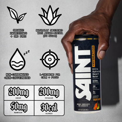 A hand holds a can of SAINT Hydration Drink against a light gray background with product feature icons and nutrition callouts. The can is dark navy/black with large white SAINT lettering and orange/yellow accents.