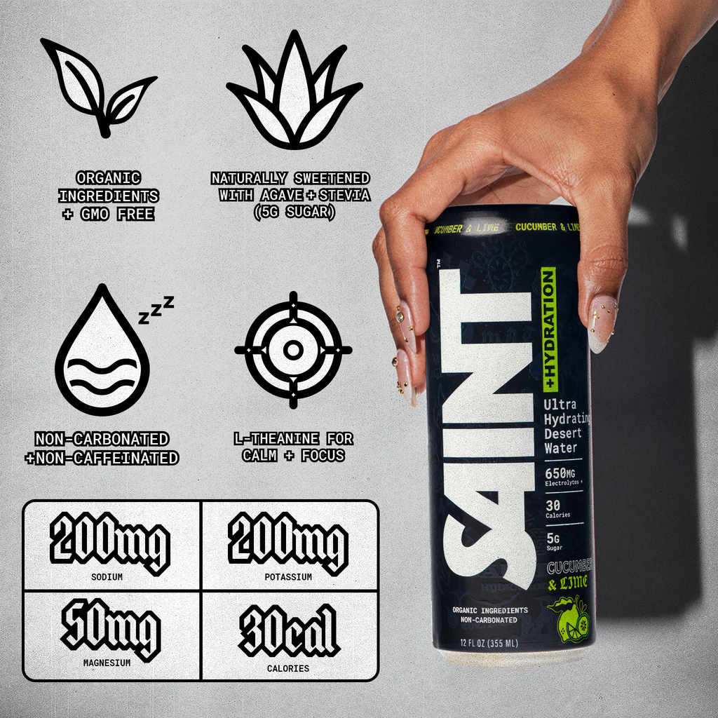 SAINT can with ultra hydrating desrt water. Black can with green and white highlights