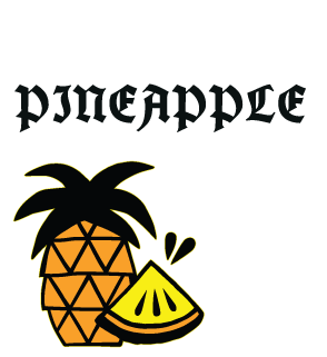 A stylized graphic with the word 'pineapple' in black gothic lettering above a cartoon pineapple and a slice of pineapple on a light gray background.