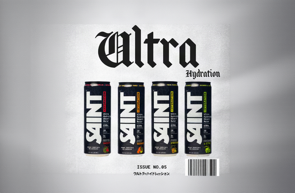 Four beverage cans from Ultra Hydration are lined up on a textured light gray background with the large Ultra Hydration logo above them. The cans are black with bold white lettering and different flavor accents in red, yellow, and green.