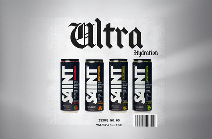 Four beverage cans from Ultra Hydration are lined up on a textured light gray background with the large Ultra Hydration logo above them. The cans are black with bold white lettering and different flavor accents in red, yellow, and green.