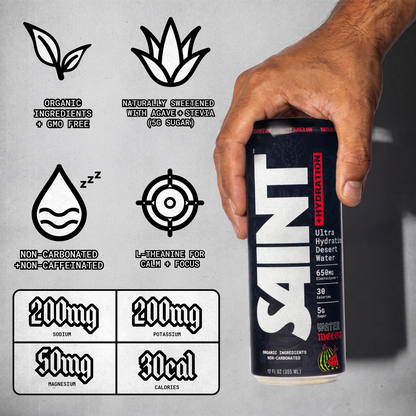 A hand holds a can of SAINT hydration ultra hybrid desert water against a light gray background with product feature icons and nutrition facts. The can is black with large white SAINT branding and red vertical text.